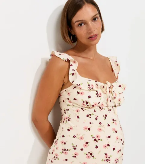 Women's Maternity Cream Floral Ruff Strappy V Midi Dress