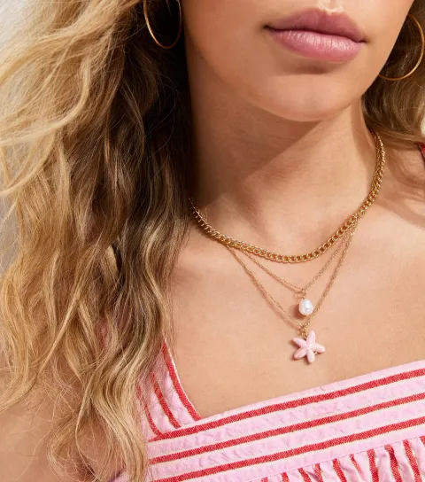 Gold Tone Triple Layer Chain Pendant Necklace