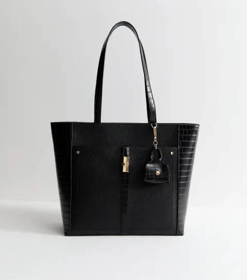 Black Faux Leather Croc Embossed Tote Bag Vegan