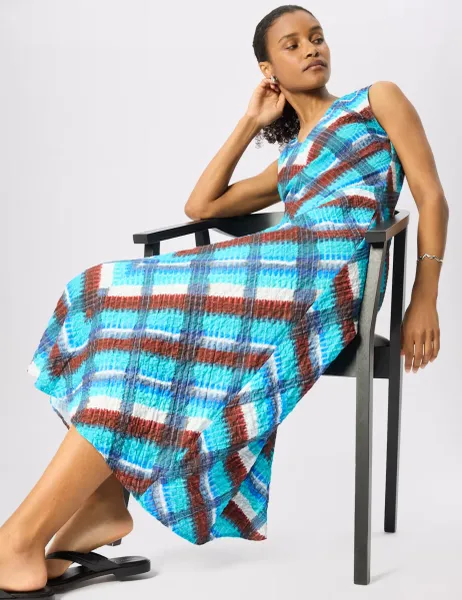 Whistles Cotton Rich Chevron Check V-Neck Midi Dress Blue Mix