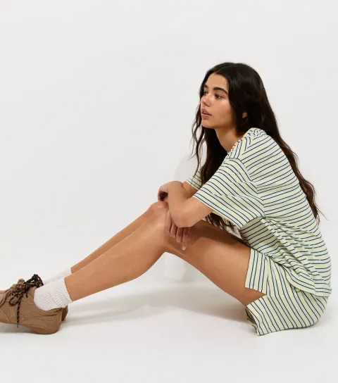 Women's Yellow Cotton Striped Side Split Shorts