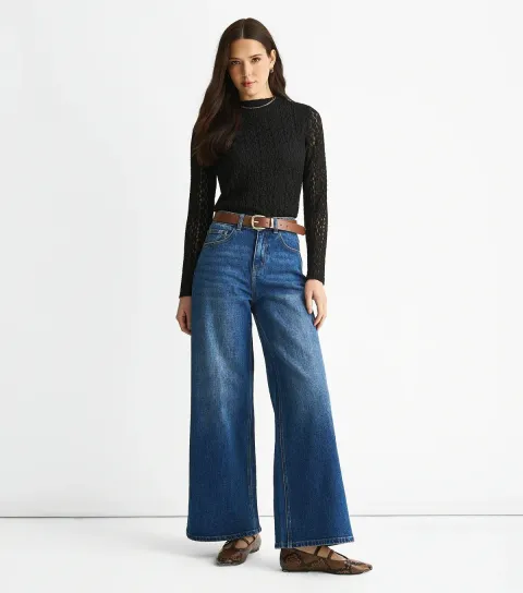 Women's Blue Mid Rise Wide Leg Denim Jeans