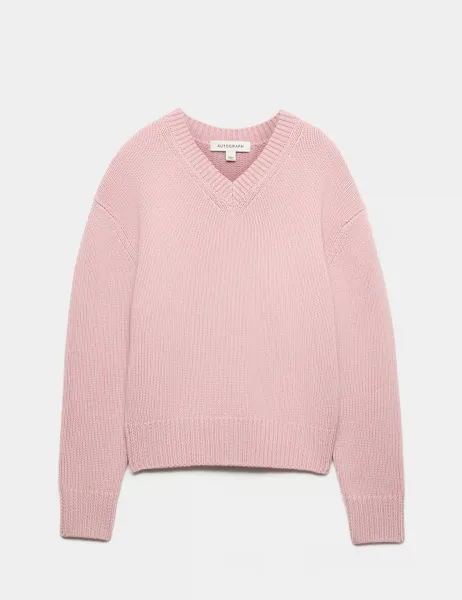 Autograph Merino Wool Rich V Neck Jumper with Cashmere Dusted Pink