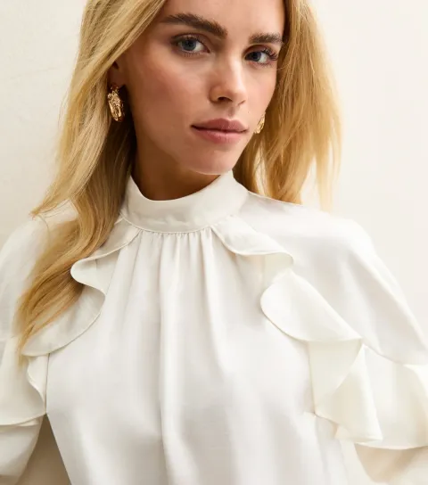 Women's Petite Off White Satin Frilled Blouse