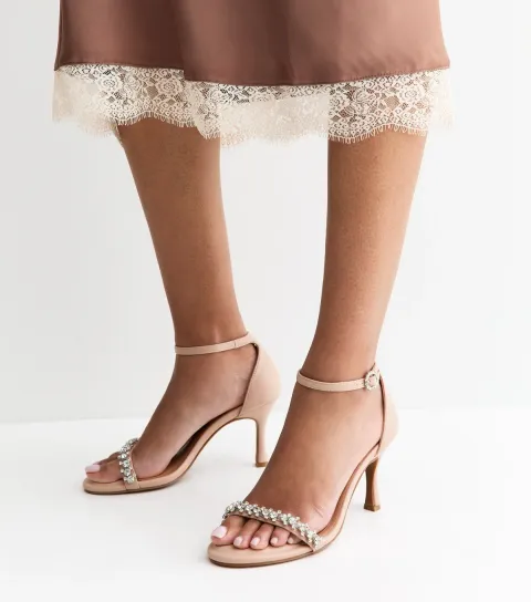 Women's Oatmeal Faux Leather Diamanté Stiletto Sandals Vegan