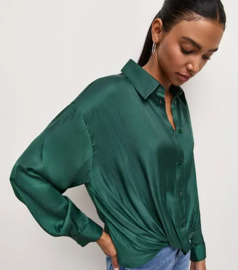 Women's Dark Green Satin Twist Shirt
