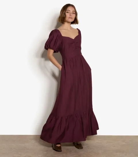 Women's Dark Burgundy Puff Sleeve Maxi Dress