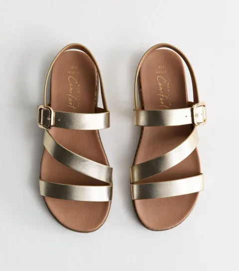 Women's Wide Fit Gold Faux Leather Strappy Flat Sandals Vegan