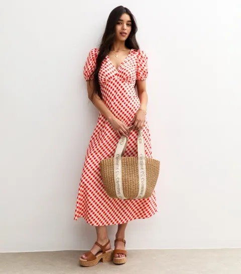 Women's Red Gingham V Neck Midi Dress