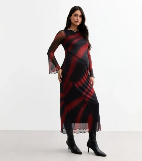 Women's Maternity Burgundy Wave Print Mesh Midi Dress
