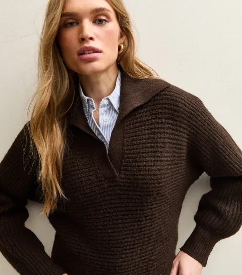 New Look Women's Dark Brown Stitchy Polo Batwing Jumper