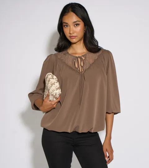 Gini London Women's Light Brown Lace Bubble Hem Blouse
