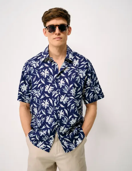 Crew Clothing Linen Cotton Blend Floral Short Sleeve Shirt Navy