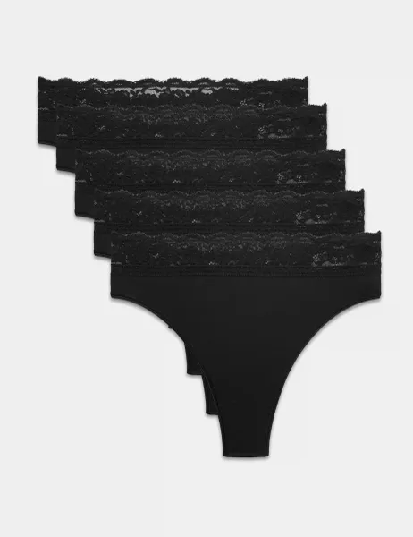 Marks & Spencer 5pk Cotton Blend High Waisted Thongs Black