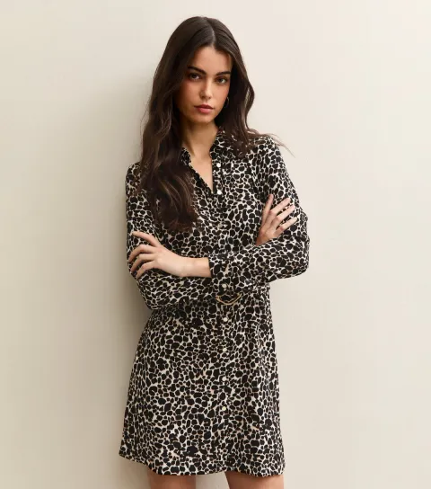 Women's Brown Leopard Print Belted Shirt Dress
