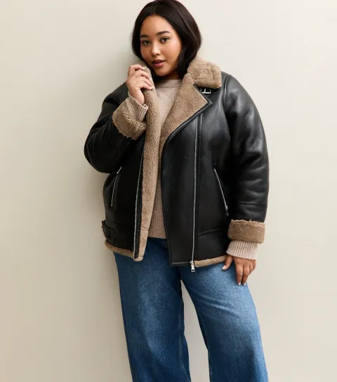 Women's Plus Size Black Faux Fur Trim Aviator Jacket Curves