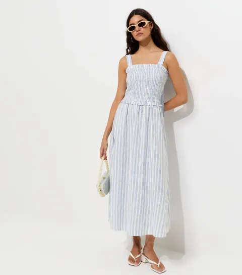 Women's Blue Striped Shirred Bodice Bow Back Midi Dress