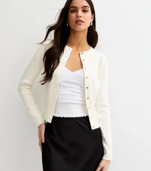 Women's Off White Compact Knit Crew Neck Cardigan