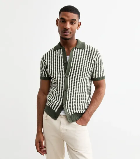 Men's Green Striped Regular Buttoned Knit Polo Shirt