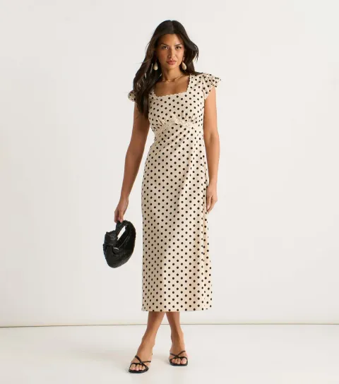 Women's Polka Dot Print Lace Trim Midi Dress