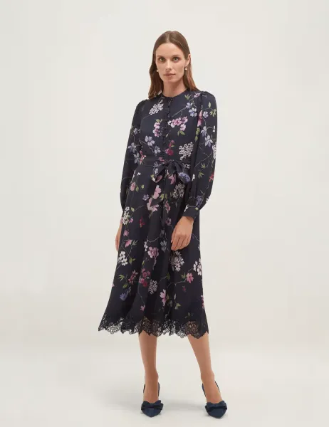 Hobbs Floral Midi Waisted Dress Blue