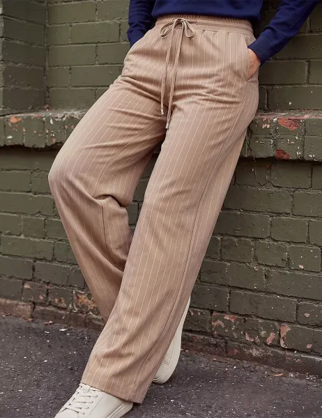 Roman Petite Ponte Striped Drawstring Wide Leg Trousers Camel