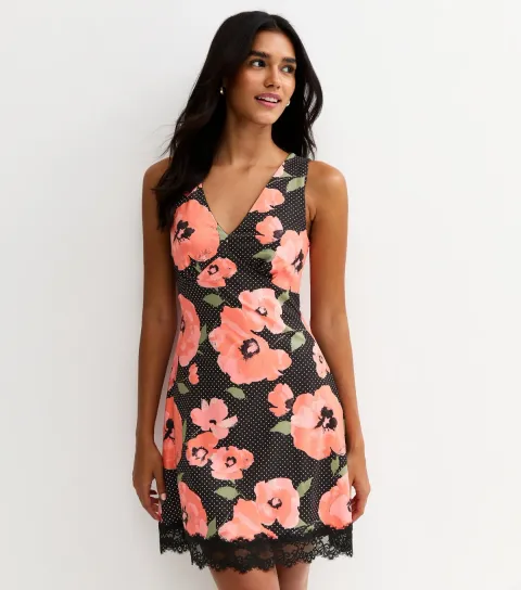 Women's Black Polka Dot Floral V-neck Lace Trim Mini Dress