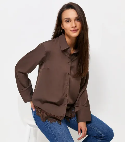 Women's Dark Brown Lace Trim Longline Shirt