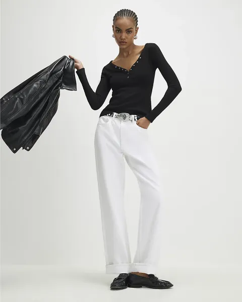 River Island Cotton Long Sleeve Popper Ribbed Top