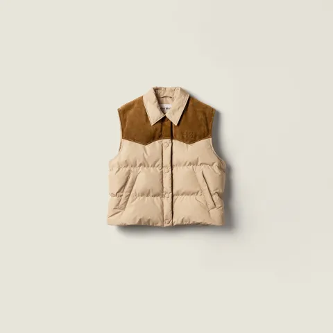 Technical pongé and leather down vest