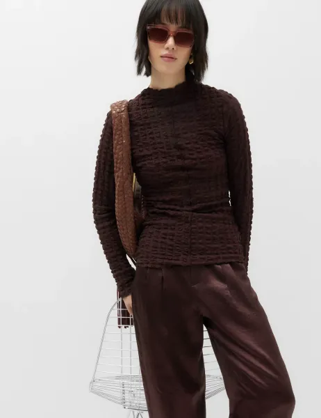 Marks & Spencer Long Sleeve Funnel Neck Textured Top Aubergine