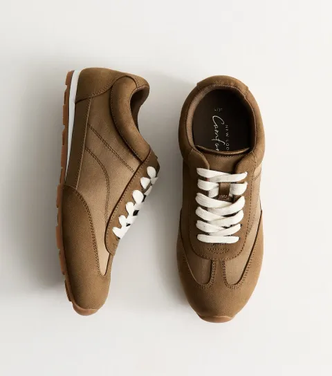 Women's Dark Khaki Faux Suede Lace Up Panelled Trainers Vegan