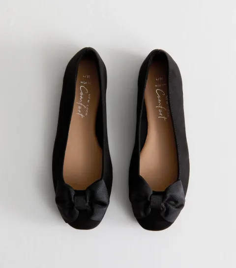 Women's Wide Fit Black Faux Suede Bow Detail Ballet Flats