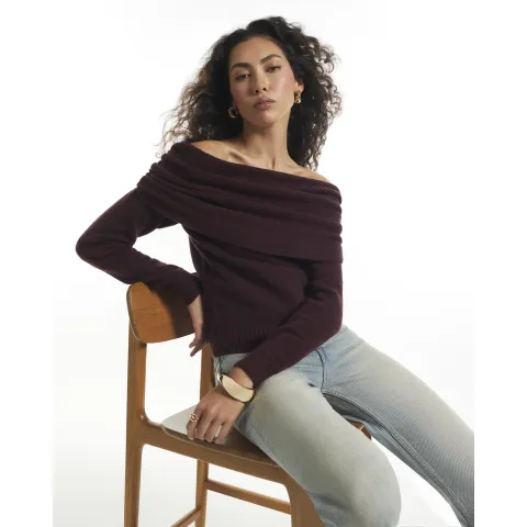 River Island Burgundy Gathered Bardot Jumper