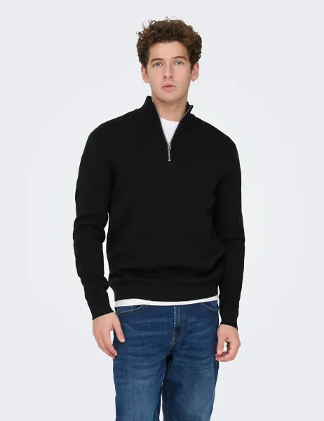 Only & Sons Pure Cotton Half Zip Jumper Black