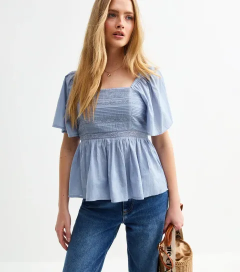 Women's Blue Lace Pleated Bodice Milkmaid Top School
