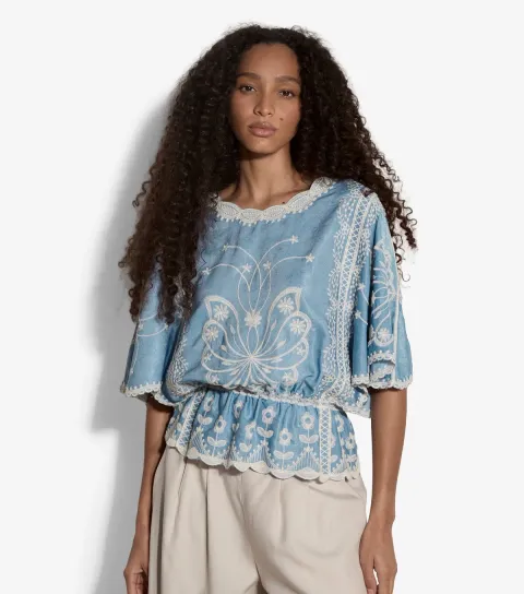 Women's Blue Embroidered Batwing Top