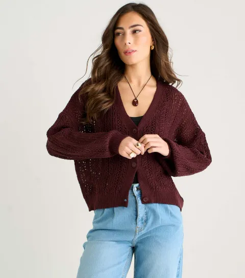 Women's Brown Crochet Long Sleeves Cardigan