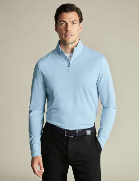 Charles Tyrwhitt Half Zip Long Sleeve Polo Shirt Light Blue