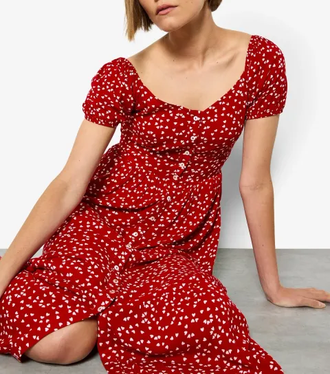Women's Red Heart Print Button Through Midi Dress