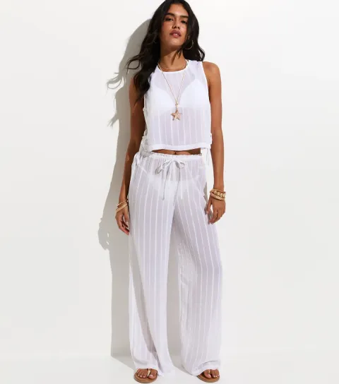 Women's White Striped Beach Wide Leg Trousers