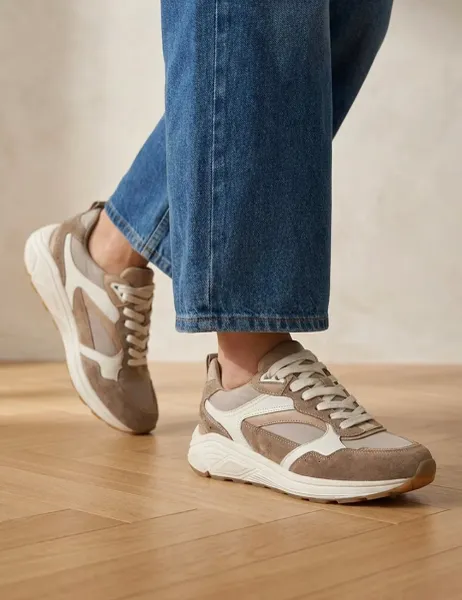 Jones Bootmaker Leather Lace Up Wedge Trainers Beige