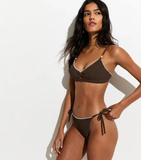 Women's Dark Brown Blanket Stitch Tanga Tie Side Bikini Bottoms