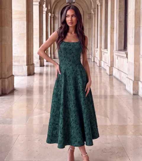 AX Paris Women's Dark Green Floral Jacquard Square Neck Midi Dress
