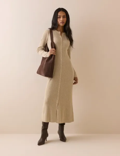Nobody's Child Knitted Button Through Midi Bodycon Dress Beige