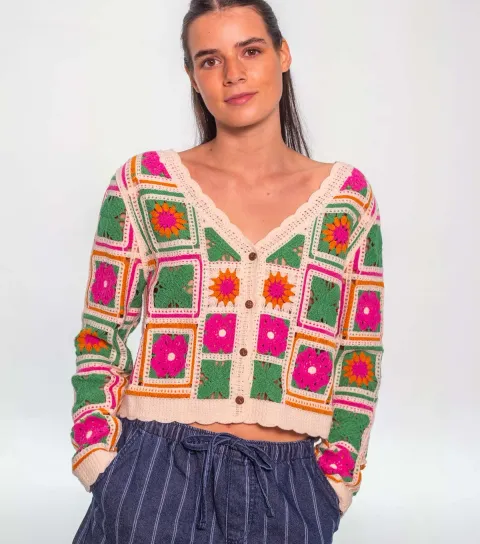 Women's Multicolour Crochet Knit V-Neck Cardigan