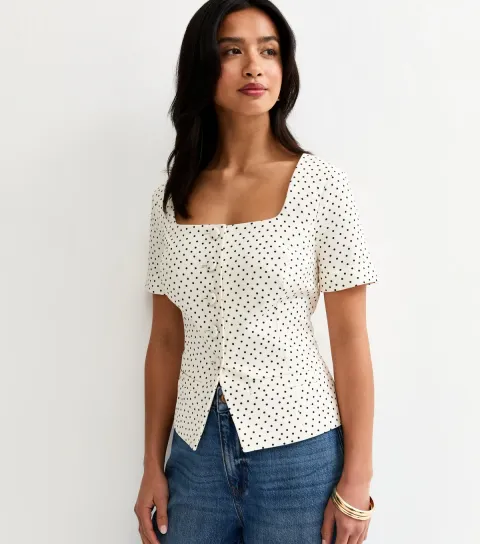 Women's Petite White Spot Print Square Neck Short Sleeve Blazer Top