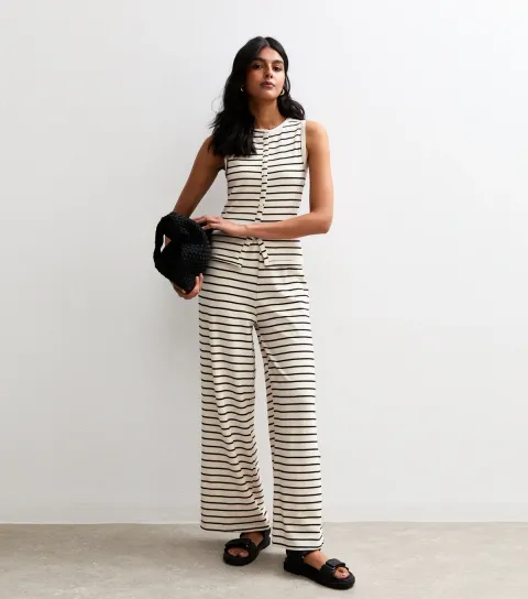 Women's Off White Striped Wide Leg Trousers