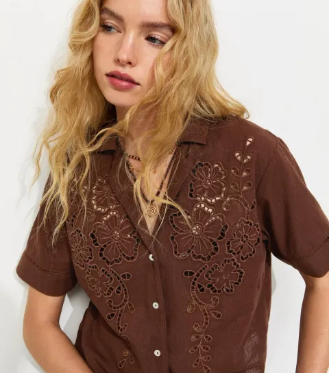 Women's Brown Lightweight Cutwork Crop Scallop Hem Shirt