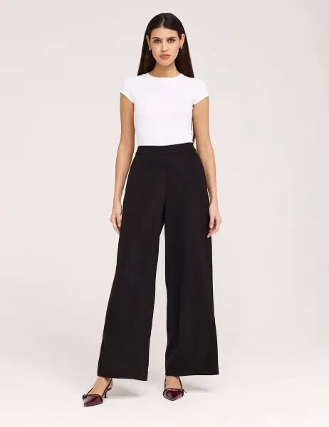 Finery London Twill Elasticated Waist Wide Leg Trousers Black